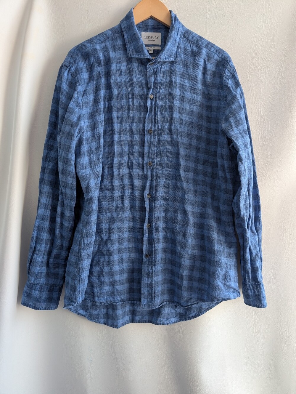 Ledbury Blue Check Linen Cotton Button-Down Shirt Tailored Fit - XL